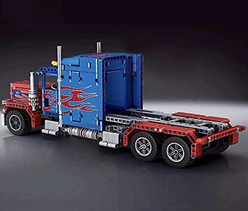 General Jim's RC Semi Truck Building Blocks Set Remote and App Controlled Model with Opening Doors Extendable Bed Dual Axles Flame Design 839 Pieces 1:20 Scale