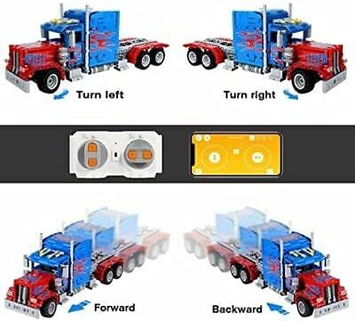 General Jim's RC Semi Truck Building Blocks Set Remote and App Controlled Model with Opening Doors Extendable Bed Dual Axles Flame Design 839 Pieces 1:20 Scale