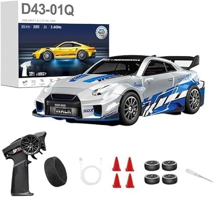 D43-02 1:43 Scale 2.4G Full Proportional 4WD Alloy RC Drift Car with Gyro System Silent Bearings Adjustable Speed &amp LED Lights for Adults High Speed Remote Control Racing Car