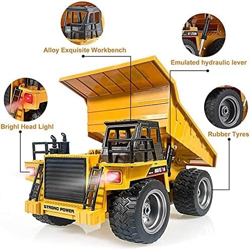 Remote Control Construction Dump Truck Toy 2.4G RC 6 Channel Bulldozer 4 Wheel Driver Mine Construction Alloy Metal Vehicle Truck 1:18 with 2 Rechargeable Batteries for Boys Birthday Gift Age 6+