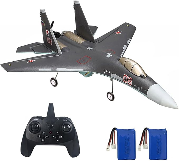RC Airplane SU35 Jet 4CH Remote Control Plane RTF Tail Motor Aircraft 3D / 6G Stunt Function Fixed Wing Glider Brushless Motor Simulation Fighter for Adult Beginners 2 Batteries (Black)