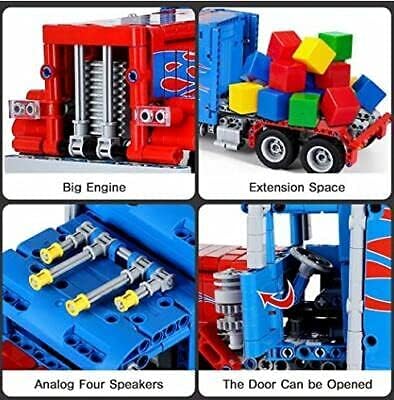 General Jim's RC Semi Truck Building Blocks Set Remote and App Controlled Model with Opening Doors Extendable Bed Dual Axles Flame Design 839 Pieces 1:20 Scale