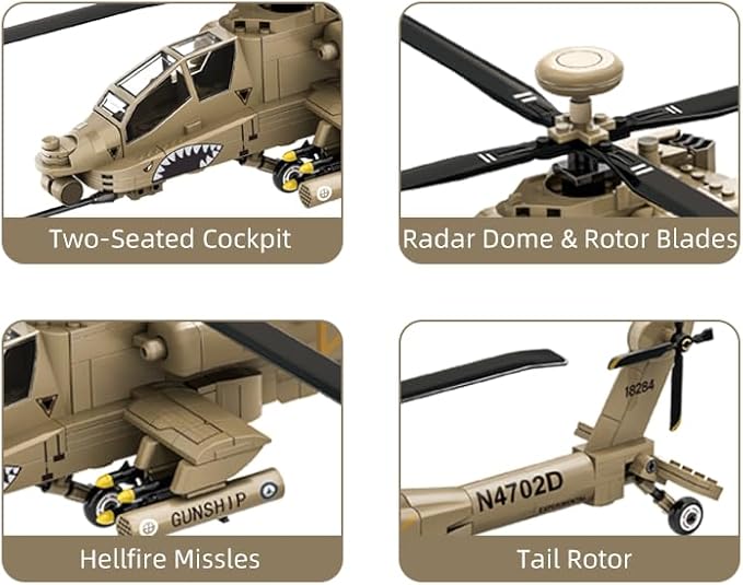 Apostrophe Games AH-64 Apache Helicopter Building Block Set – 259 Pieces - Air Force Plane Ages 10+