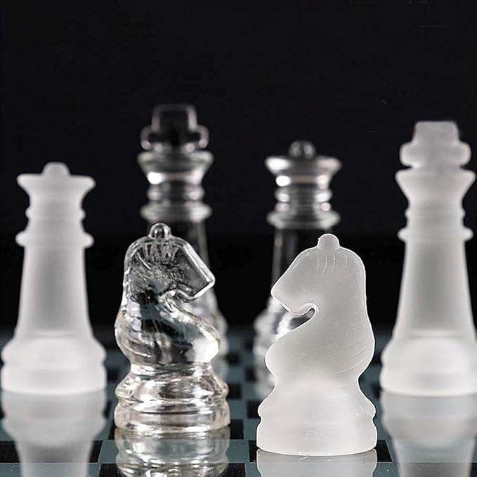 10*10 Glass Chess Set Frosted and Clear Pieces Felted Bottom for Adult and Teens（Gift for Game Education）