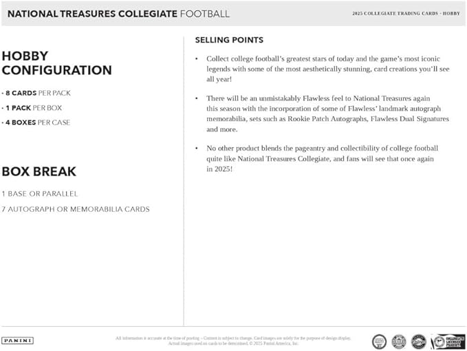 2025 Panini National Treasures Collegiate Football Hobby Trading Card Box (7 Autographs or Memorablia Per Box)