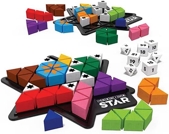 The Happy Puzzle Company The Genius Star | Toy of The Year Award Winning Family Board Game | 165888 Possible Puzzles | Filling in Colored Shapes | Blockers to Complete A Star | Golden Star Twist