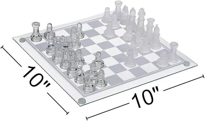 Gamie Premium Glass Chess Set 10 Inch - Elegant Design - Durable Build - 32 Frosted and Clear Pieces - Felted Bottoms - Easy to Carry - Stable &amp Fully Functional for Chess Lovers