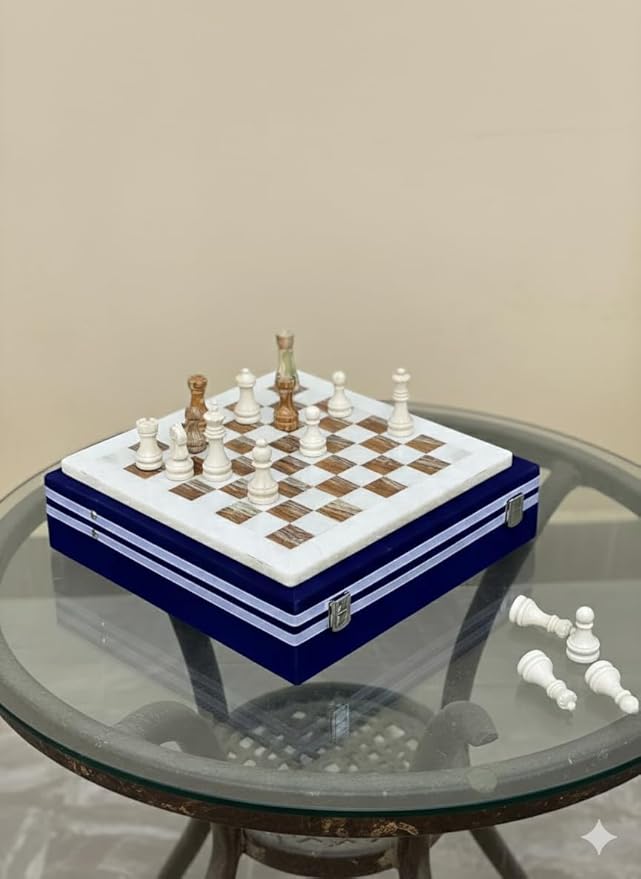 Large Handmade Full Chess Set Marble Chess Board 32 Chess Game Pieces Unique Home décor. Handcrafted Tournament Chess Board - 2 Players. (White Brown)