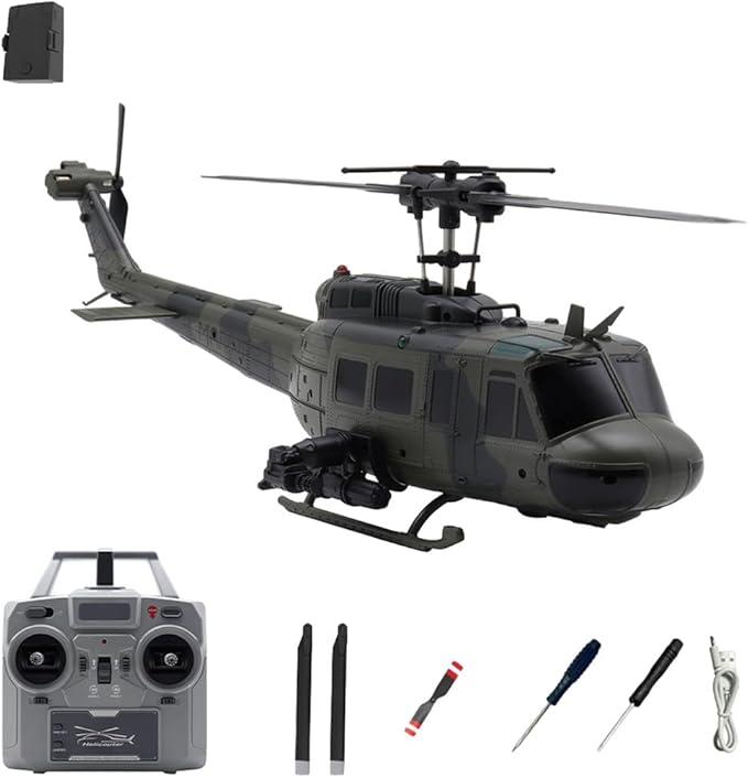 C032 UH-1 Huey RC Helicopter 1/48 Scale 6-Channel Brushless Helicopter with Optical Flow Positioning One Click Inverted Flight &amp Gyro Stabilized 3D Stunt Military Aircraft Model for Adults