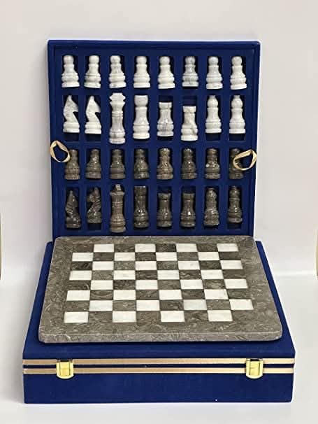 Large Handmade Full Chess Set Marble Chess Board 32 Chess Game Pieces Unique Home décor. Handcrafted Tournament Chess Board - 2 Players. (Grey White)