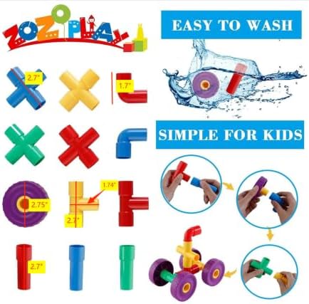 ZOZOPLAY STEM Learning Toy Tubular Pipes &amp Spouts &amp Joints 64 Piece Build Bicycle Tank Scootie Moter Skills Endless Designs Educational Building Blocks Set for Kid Ages 3+ Multicolor