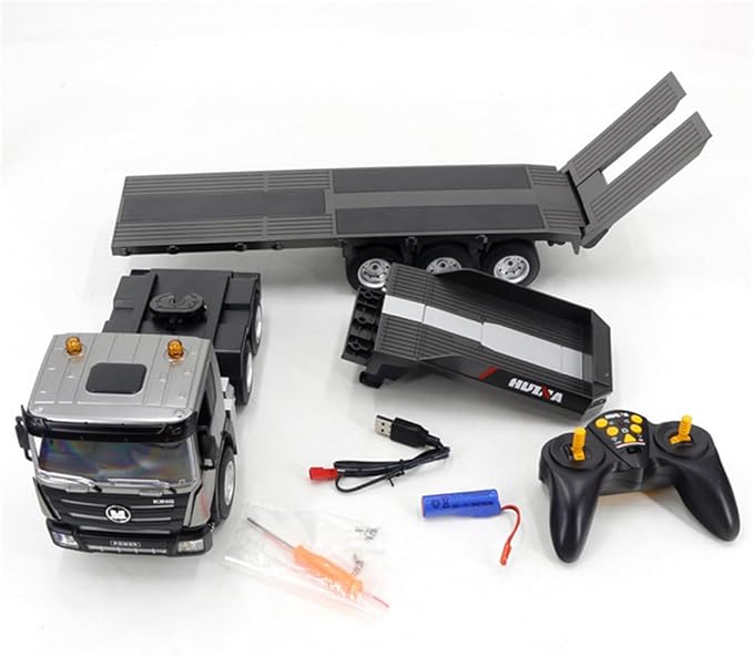 FunXylophy RC Semi Truck with Trailer 1/18 2.4GHz RC 9CH Flatbed Trailer Engineering Tractor Construction Truck Vehicles for Adult (RTR Version)