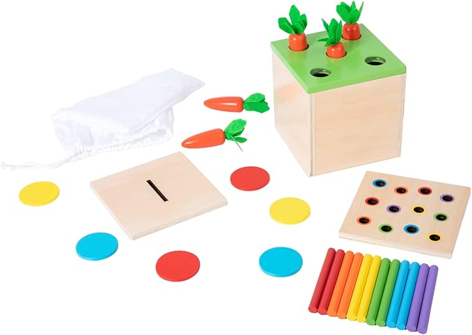 Adena Montessori 3 for 1 Wooden Montessori Play Kit Baby Toysincludes Matchstick Color Drop GameCarrot Harvest Game and Coin BoxLearning Toy for Kid 123 Year OldGirl Boy Gift for Baby 6-12 Month