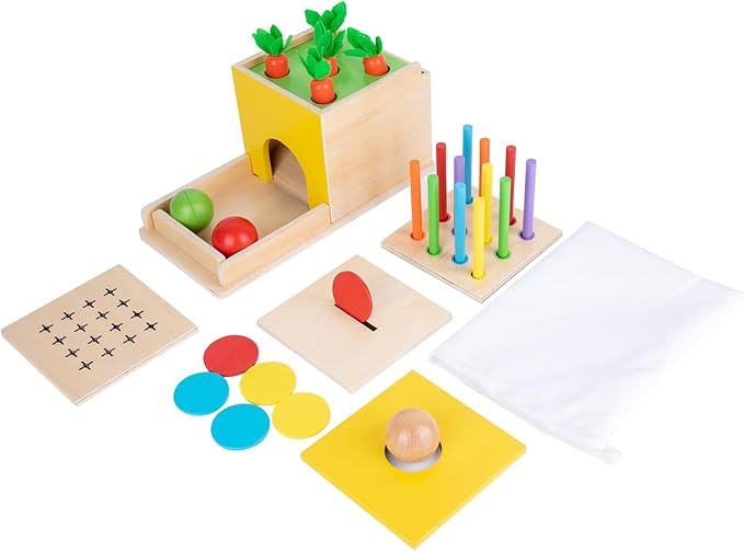 Montessori Toddler Play Kit Montessori Box Toys for 1 Year Old 2 Years Baby Learning Toys Gift Carrot Harvest Game Matchstick Color Drop Game and Coin Box (5-for-1)