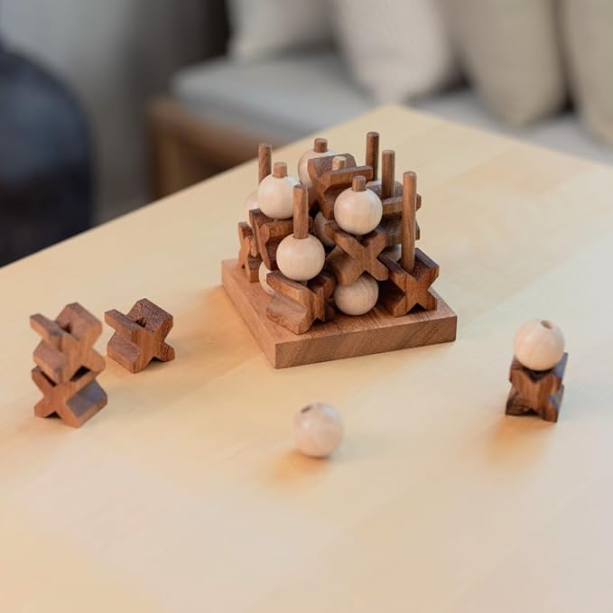 Wooden Tic Tac Toe (XOXO) Game – Handmade 2-Player Strategy Board Game – Travel Size Rustic Tabletop Decor – Sustainable Wood Gift for Adults Couples and Professionals (Mini 3D Tic Tac Toe)