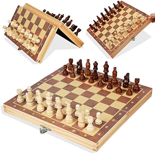 Wooden Chess and Checkers Set 2-in-1 – Folding Board with Storage Classic Staunton Chess Pieces and Checker Chips Portable Travel Game for Kids Adults Beginners and Family Fun