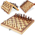 Wooden Chess and Checkers Set 2-in-1 – Folding Board with Storage Classic Staunton Chess Pieces and Checker Chips Portable Travel Game for Kids Adults Beginners and Family Fun