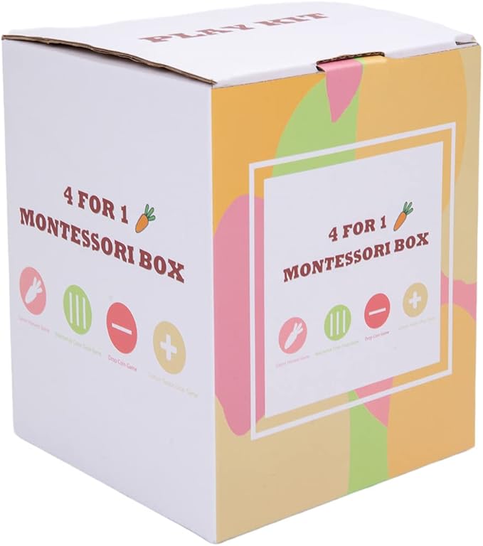 4 in 1 Montessori Play Kit Box - Cotton Swab Board Coin Box Carrot Harvest Game Matchstick Color Drop Game Montessori Toys for Babies 6-12 Months 1 Year 2 Year