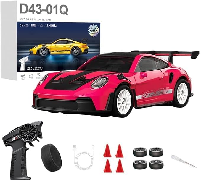 1:43 RC Drift Car 20KM/H with Gyro 2.4G 4WD Full Proportional Alloy Sport Racing Car Adjustable Speed LED Lighting for Teens &amp Adults-D43-01