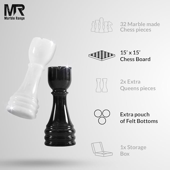 Marble Chess Set for Adults 15 Handmade Black &amp White Board Game with 32 Chess Pieces 2 Extra Queens &amp Storage Box Luxury Travel Game – Elegant Home Décor