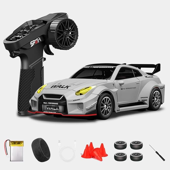 1:43 RC Drift Car D43-02 - 2.4G Full Proportional 4WD Alloy 20KM/H High Speed RC Racing Car with Gyro Silent Bearings Adjustable Speed &amp Lighting(Q10/Gray/D43-02)