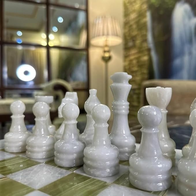 Large Handmade Full Chess Set Marble Chess Board 32 Chess Game Pieces Unique Home décor. Handcrafted Tournament Chess Board - 2 Players. (White Green)