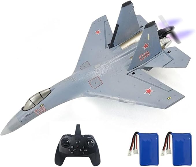 RC Airplane for Adult SU35 Jet 4CH Remote Control Plane RTF Tail Motor Aircraft 3D / 6G Stunt Function Fixed Wing Glider Brushless Motor Simulation Fighter Beginners 2 Batteries (Gray)