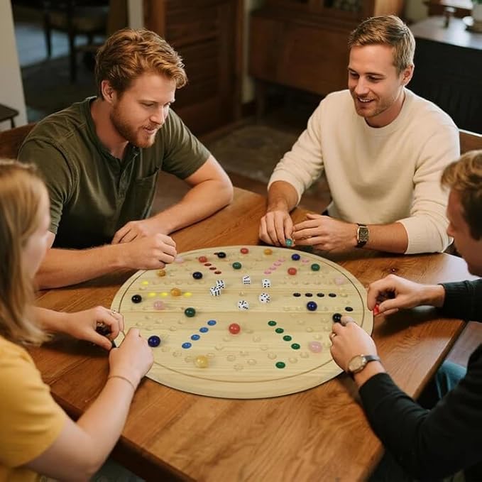 HOROW Wahoo Board Game - 20 Inch Solid Wood Board with 24 Natural Gemstone Marbles &amp 6 DiceDouble-Sided for 4 and 6 Players - Perfect for Family Game Nights and Parties