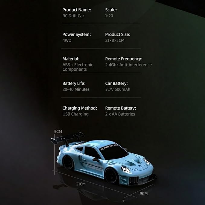 2.4GHz RC Drift Car 1:20 Scale Remote Control Car with LED Lights 4WD High Speed RC Vehicle Gift for Adults Racing &amp Drifting Tires