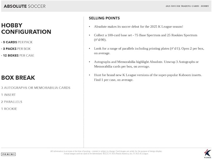 2025 Panini Absolute K League Soccer Hobby Trading Card Box (3 Autograph or Memorabilia Cards Per Box)