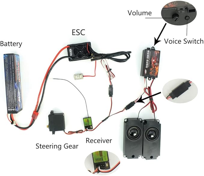 RC Car 2nd Generation Motor Sound Simulator Set RC Car Engine Sound Simulator Remote Control Car Sound Engine Simulation Module Set with 2 Speakers for 1/10 Vehicle Model (Two-Voice Group)