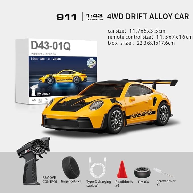 D43-01 1:43 Scale 2.4G Full Proportional 4WD Alloy RC Drift Car with Gyro System Silent Bearings Adjustable Speed &amp LED Lights for Adults High Speed Remote Control Racing Car