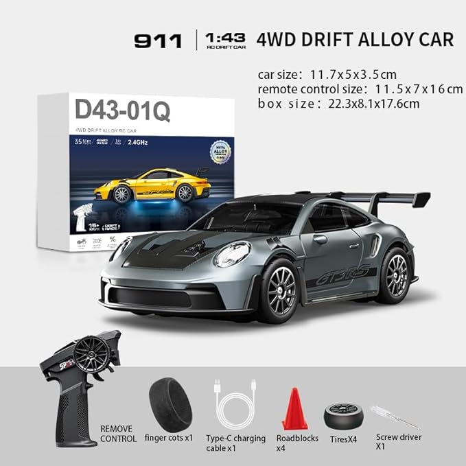 1/43 Scale RC Drift Car 2.4G Full Proportional 4WD Remote Control Car with Gyro Adjustable Speed &amp LED Lights Alloy RC Vehicle for Adult