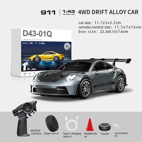 1/43 Scale RC Drift Car 2.4G Full Proportional 4WD Remote Control Car with Gyro Adjustable Speed &amp LED Lights Alloy RC Vehicle for Adult