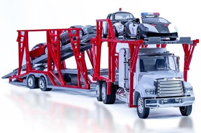 Shop72 Freightliner 114SD Auto Transporter Diecast Truck with 4 Assorted Cars Long Hauler Truck 1:32 Scale Semi Truck Toy with Trailer Gift for Truckers and Collectors