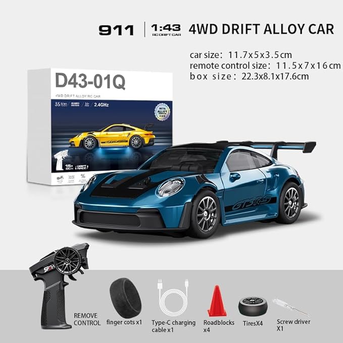 1:43 RC Drift Car 20KM/H with Gyro 2.4G 4WD Full Proportional Alloy Sport Racing Car Adjustable Speed LED Lighting for Teens &amp Adults-D43-01
