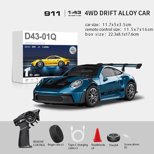 1:43 RC Drift Car 20KM/H with Gyro 2.4G 4WD Full Proportional Alloy Sport Racing Car Adjustable Speed LED Lighting for Teens &amp Adults-D43-01