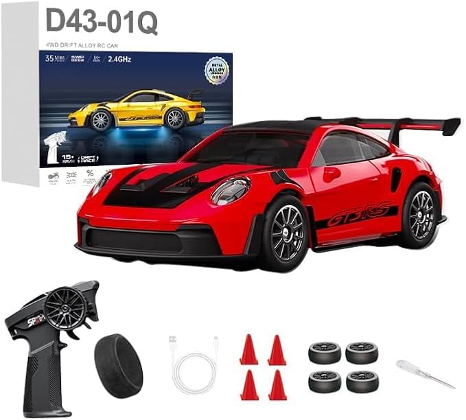 1:43 RC Drift Car 20KM/H with Gyro 2.4G 4WD Full Proportional Alloy Sport Racing Car Adjustable Speed LED Lighting for Teens &amp Adults-D43-01