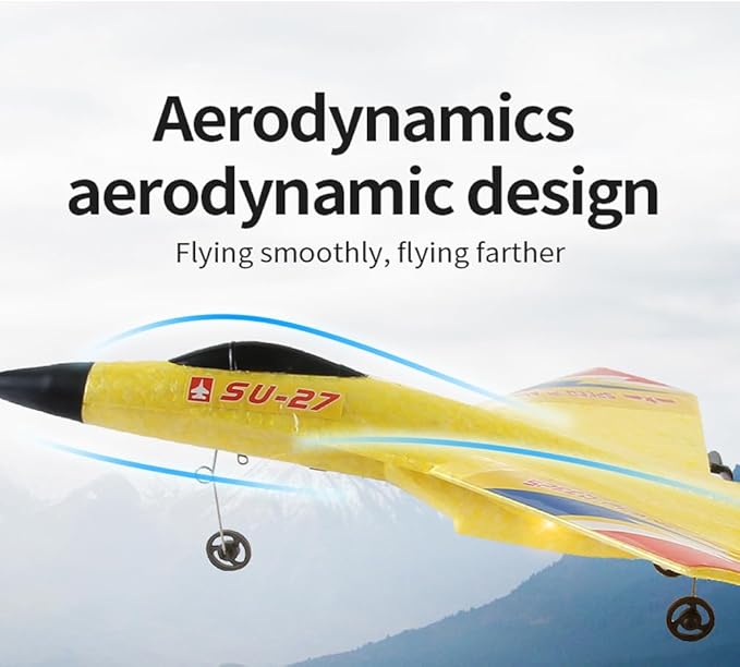 Yellow SU-27 RC Fighter Jet Remote Control Airplane with Stunt Flight Anti-Crash Foam Aircraft Model for 14+ Ages Teens and Adults 2.4GHz Remote Control 3 Batteries for Extended Flight Time