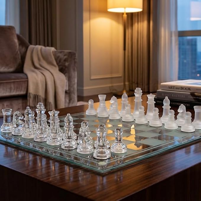 Elegant 10-Inch Glass Chess Set – Premium Quality Board Game for All Ages Ideal Gift for Chess Lovers &amp Stylish Home Decor
