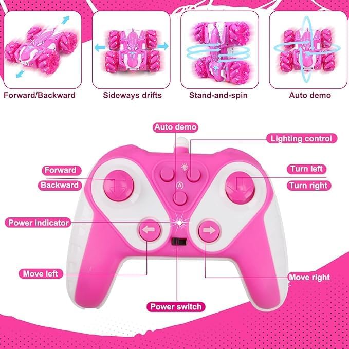 Spider Remote Control Car Double Sided 360°Rotating USB Direct Charging RC Cars with Cool Lights 2.4Ghz Drift RC Stunt Car 360°Rotating 4WD Off-Road Race Toys for 4-12 Boy Girl Kids Gifts(Pink)