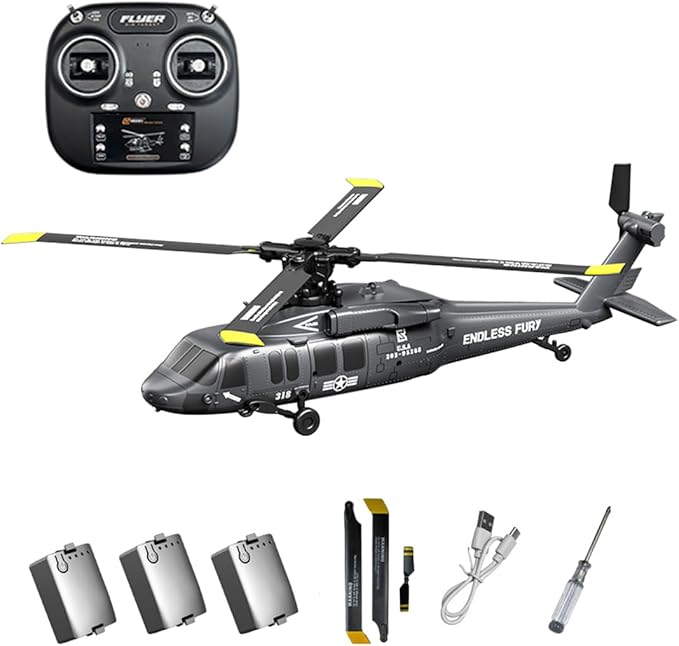 Black-Hawk K200 Brushless RC Helicopter 2.4G 6CH 6-Axis Gyro Military Aircraft with Optical Flow Positioning Altitude Hold &amp Inverted Flight for Adults -3 Battery/RTF