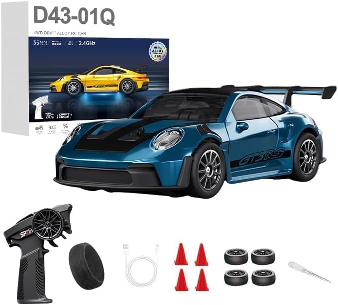 1:43 RC Drift Car 20KM/H with Gyro 2.4G 4WD Full Proportional Alloy Sport Racing Car Adjustable Speed LED Lighting for Teens &amp Adults-D43-01