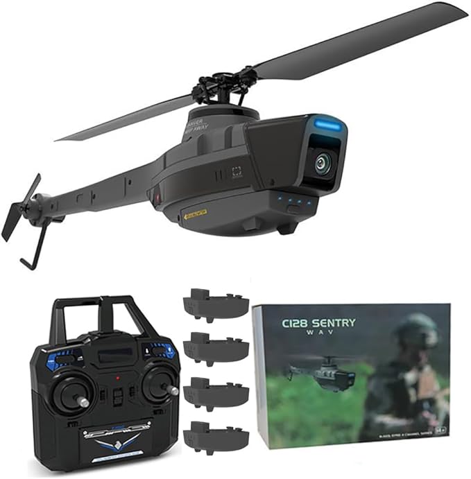 C128 RC Military Aircraft 2.4G 4CH Remote Control Helicopter with Camera for Adults Single-Rotor Aileronless Indoor Outdoor-RTF (4 Batteries)