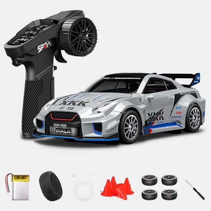 1:43 RC Drift Car D43-02 - 2.4G Full Proportional 4WD Alloy 20KM/H High Speed RC Racing Car with Gyro Silent Bearings Adjustable Speed &amp Lighting(Q2/Mecha War Silver/D43-02)