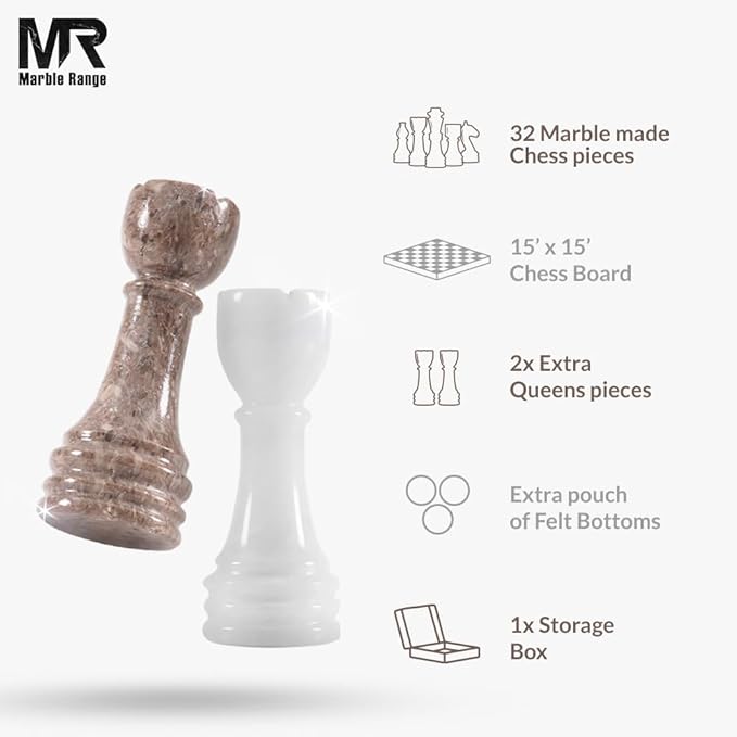 Marble Chess Set for Adults 15 Handmade White &amp Oceanic Board Game with 32 Chess Pieces 2 Extra Queens &amp Storage Box Luxury Travel Game – Elegant Home Décor