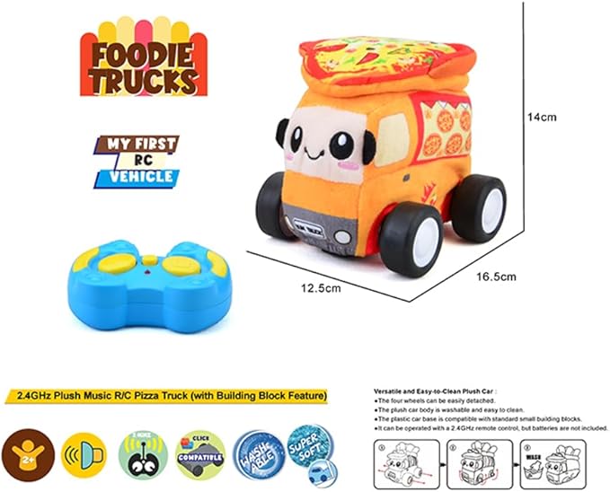 Plush Pizza Car with 2.4GHz Remote – Soft Fabric RC Toy with Music Effects &amp Buildable Top Safe Indoor Play Vehicle for Kids Ages 2+