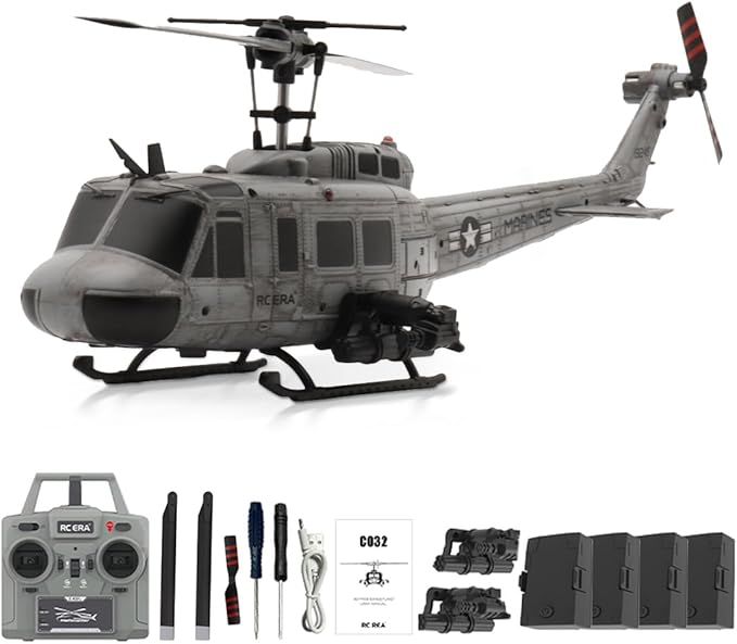 RC ERA C032 RC Helicopter 1/48 Scale 2.4G 6CH UH-1 Huey Flybarless RC Helicopter 6-Axis Gyroscope Stabilization with Altitude Hold &amp 3D Inverted Flight for Adults Enthusiasts(4 Battery)
