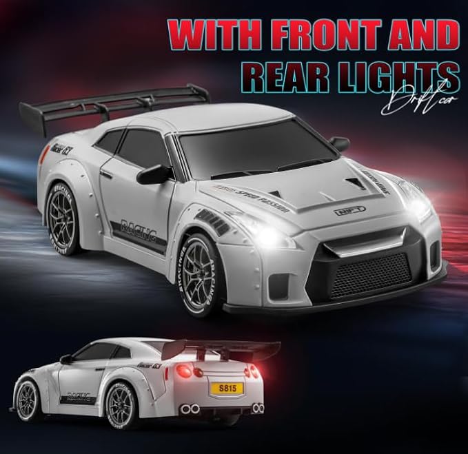 RC Drift Car 1:24 Scale Remote Control Vehicle with LED Lights 2.4GHz 20KM/H 4WD High Speed RC Cars Drifting Tires＆Two Batteries. (GTR-Gray)