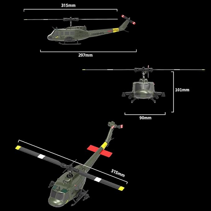 C032 UH-1 Huey RC Helicopter for Adults - 1/48 Scale 2.4G 6CH Flybarless Remote Control Helicopter Model 3D Stunt Flight &amp High-Precision RC Airplane (Shark Mouth(1 Battery))